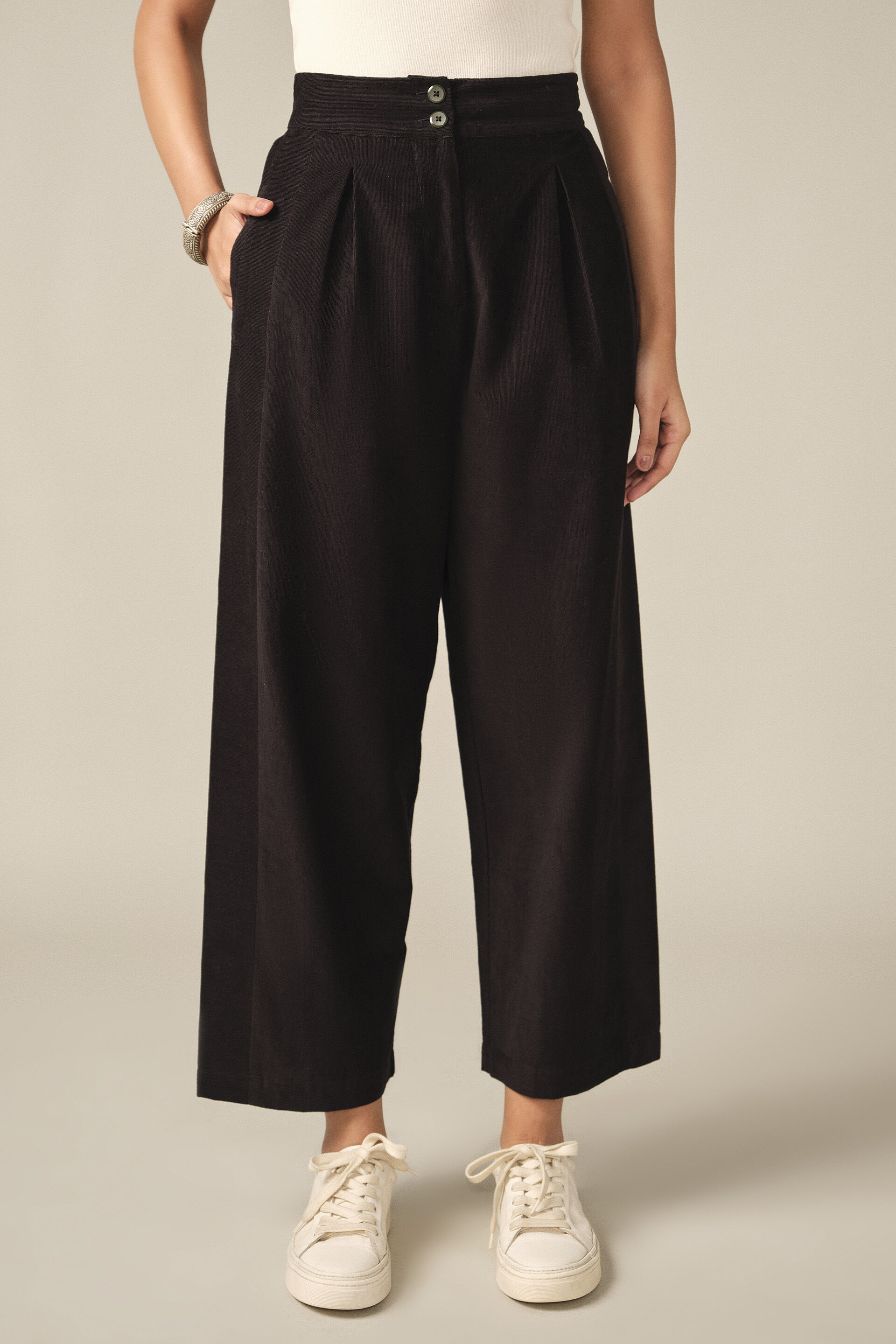Pleated Corduroy Pants in Black